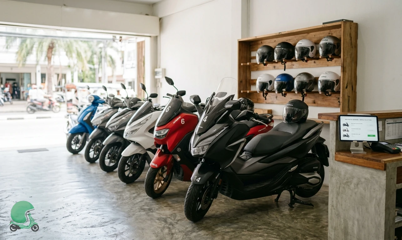 Interior of verified Thai Bike partner shop with neat row of Honda and Yamaha scooters and helmets on shelves - about Thai Bike rental marketplace