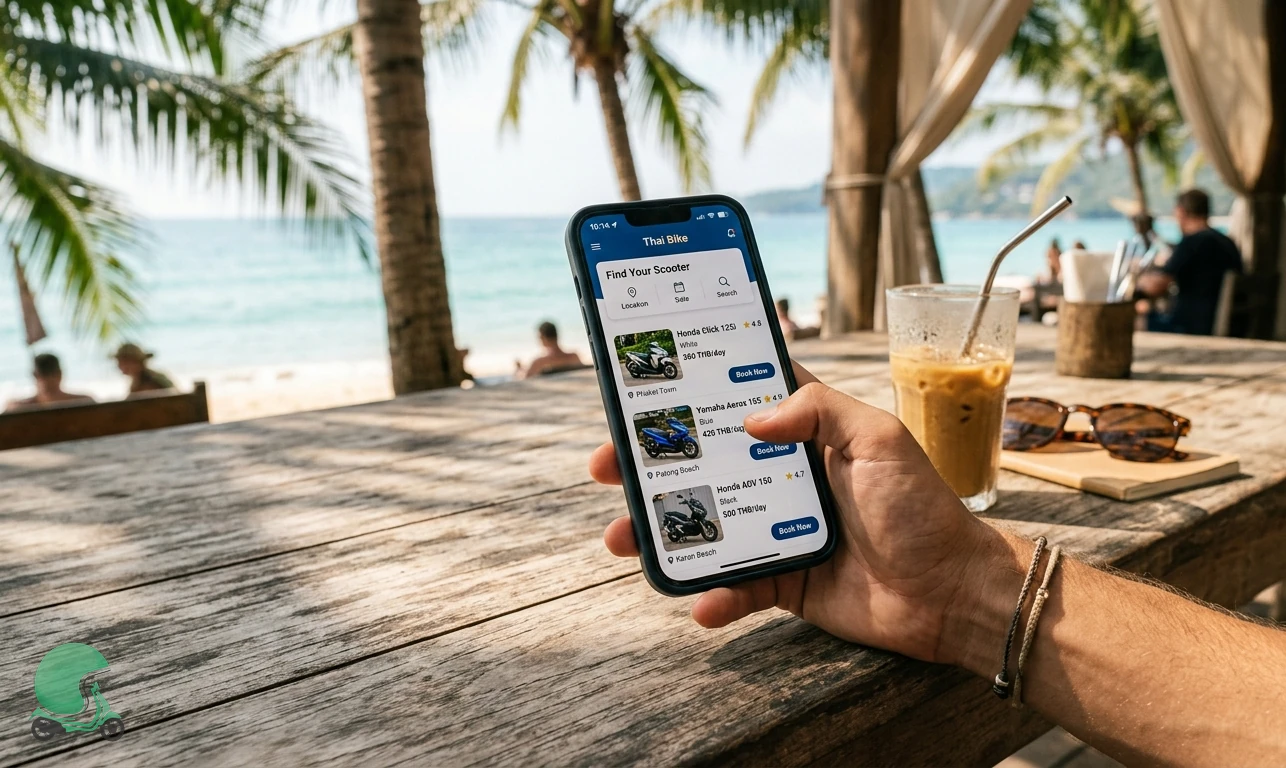 Thai Bike app running on a traveler's phone at a Phuket café - book a bike rental in Thailand from anywhere