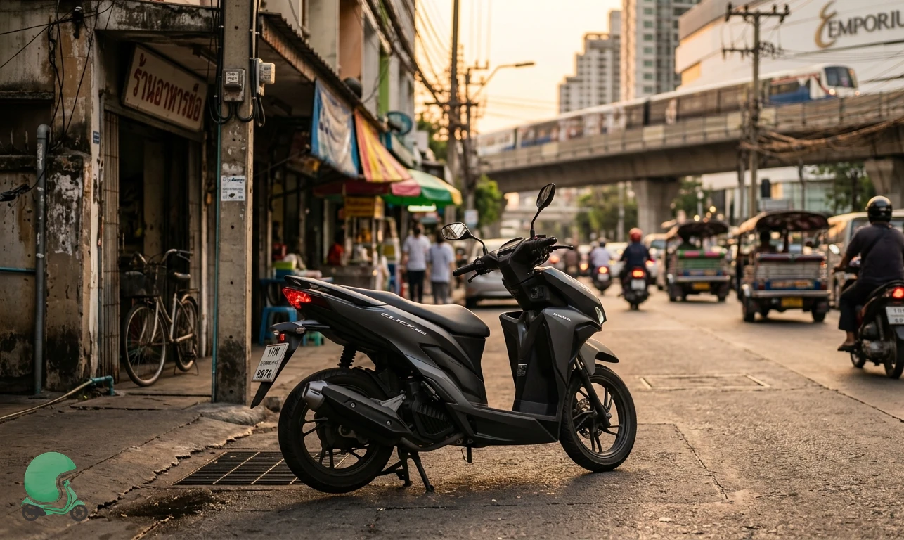 Honda Click 160 scooter parked on a Sukhumvit soi at golden hour - bike rental Bangkok