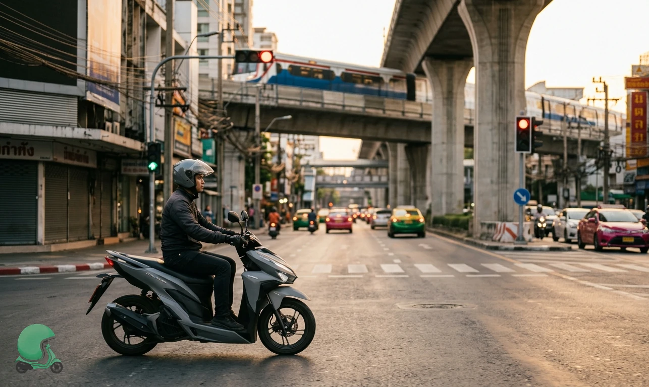 Honda Click 160 scooter rental weaving through Sukhumvit traffic in Bangkok