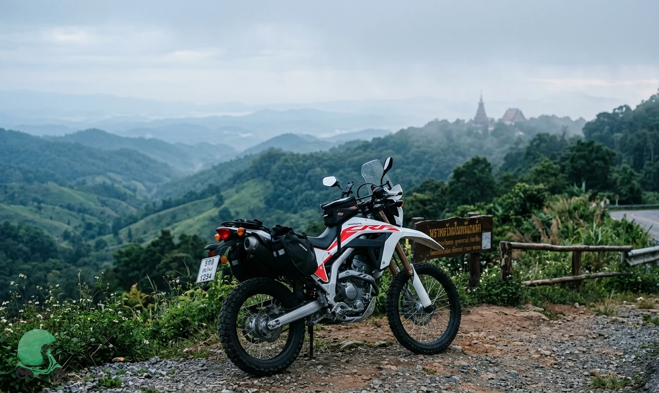 Honda CRF 300L adventure bike on a misty Doi Suthep mountain switchback - bike rental Chiang Mai