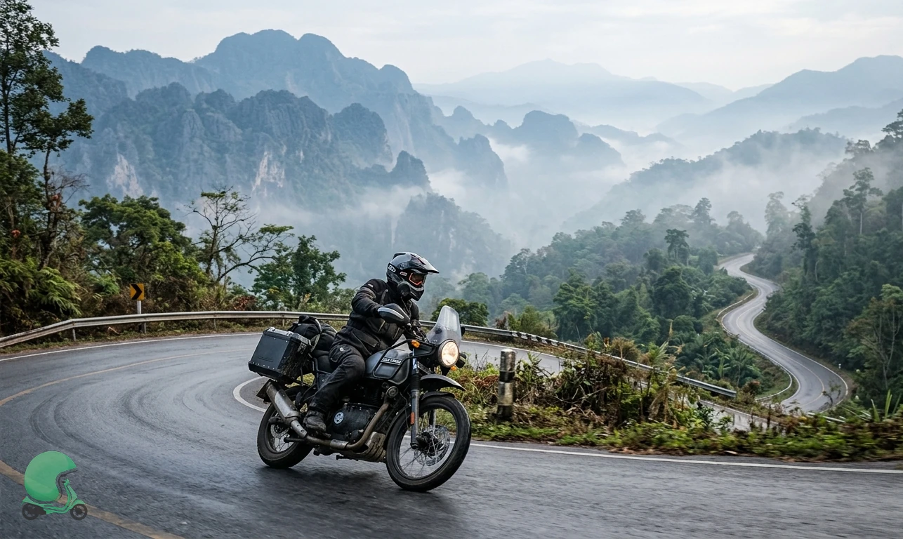 Royal Enfield Himalayan motorcycle rental on a Mae Hong Son Loop hairpin north of Chiang Mai