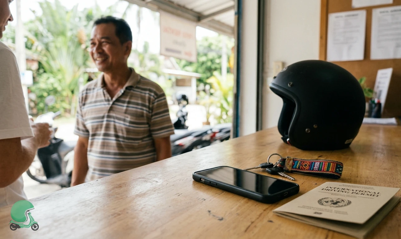 Smartphone resting on rental shop counter next to keys and helmet - contact Thai Bike customer support