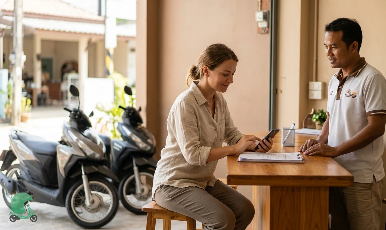 Tourist comparing scooter rental options on a smartphone at a verified Thai shop counter - Thai Bike rental FAQ