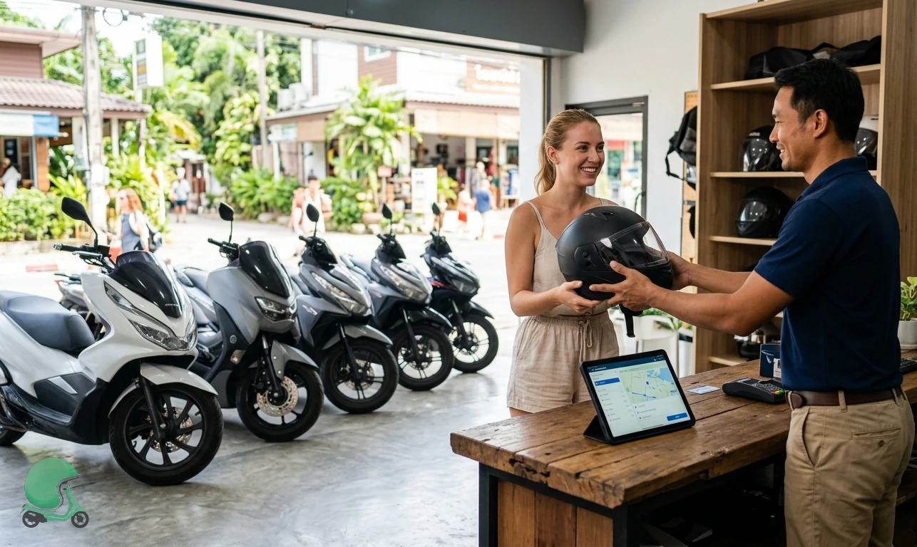 Thai rental shop owner handing helmet to international tourist at tidy modern shopfront - partner with Thai Bike to list your rental fleet