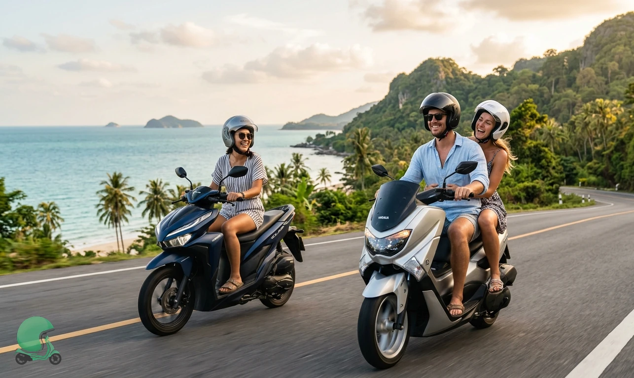 Diverse tourists riding scooters along a sunlit Thai coastal road - Thailand bike rental