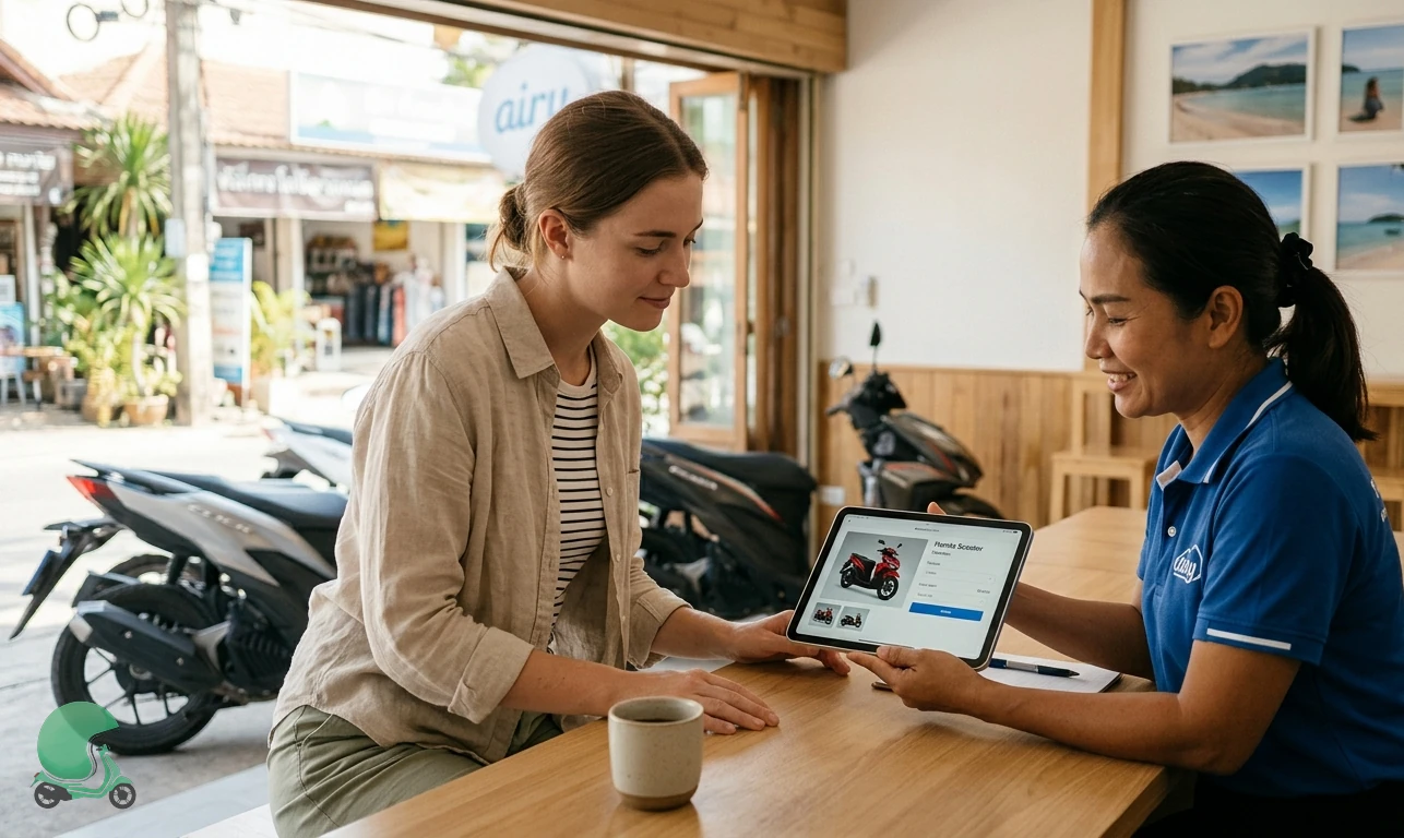 First-time tourist choosing a Honda scooter on a tablet at a verified Thai rental shop counter - how Thai Bike rental works