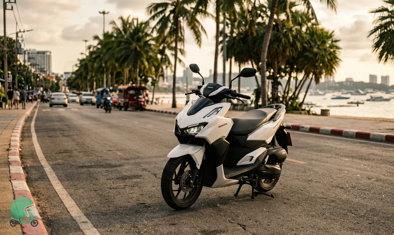 Honda Click 160 scooter on Pattaya Beach Road at late-afternoon light - bike rental Pattaya