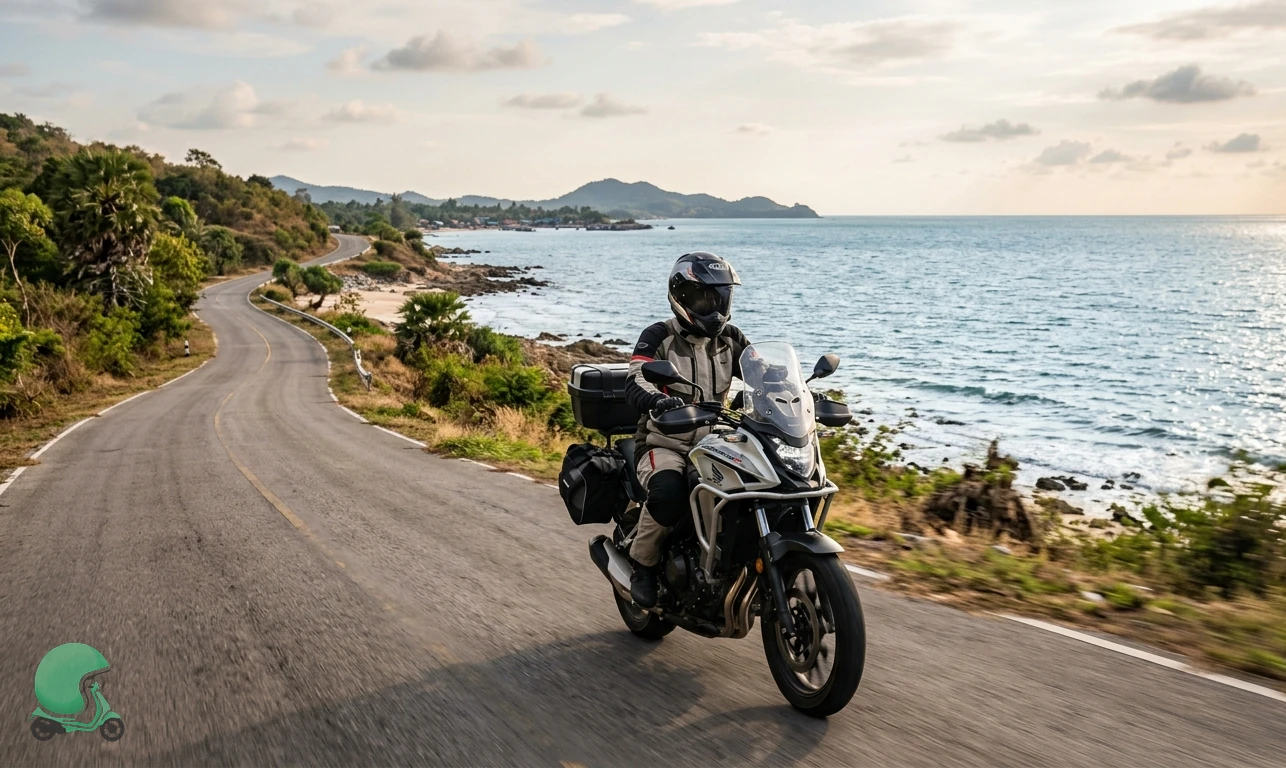 Honda CB500X motorcycle rental on a coastal road heading toward Rayong from Pattaya