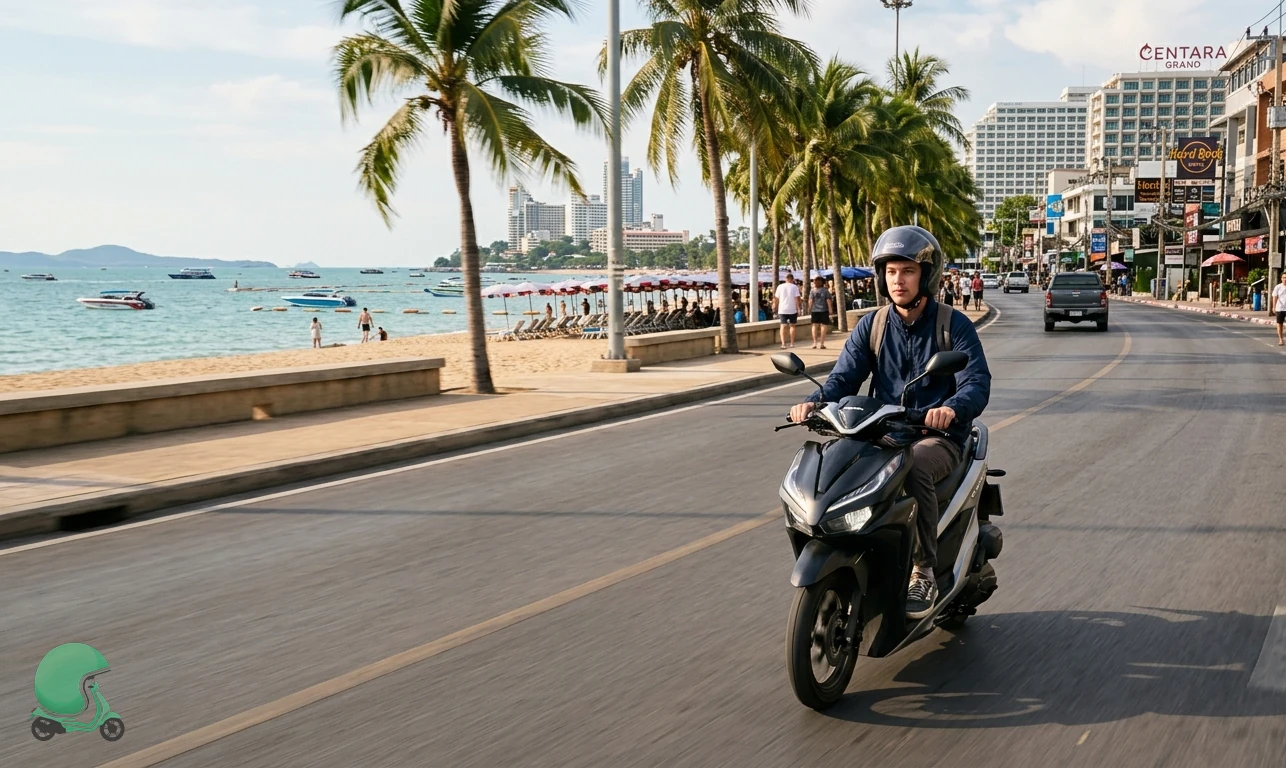 Honda Click 160 scooter rental cruising the Jomtien-Naklua Beach Road strip in Pattaya