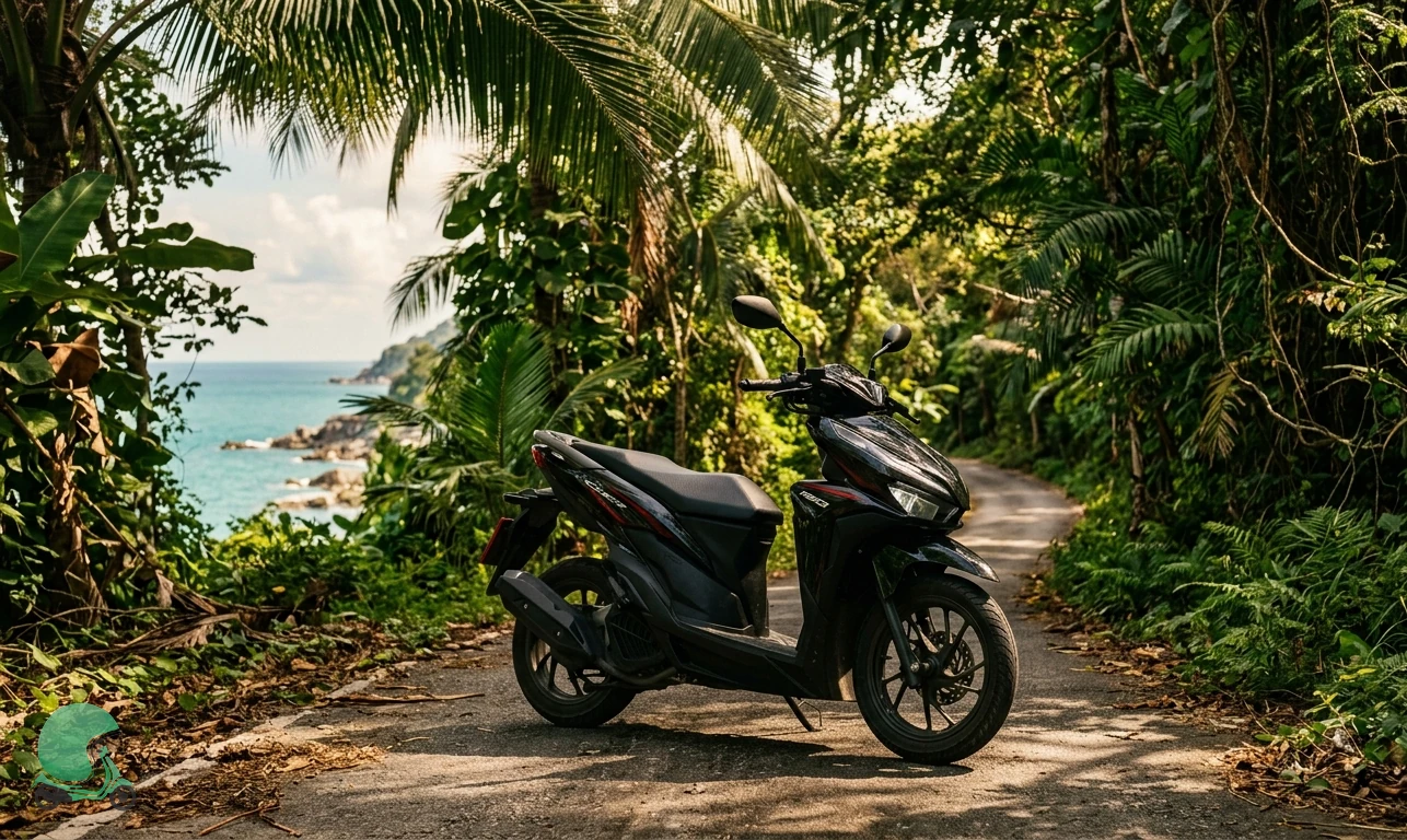 Honda Click 160 scooter on a Srithanu coastal jungle road - bike rental Koh Phangan