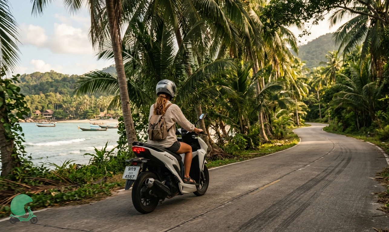 Honda Click 160 scooter rental on the Koh Phangan coastal road from Thong Sala to Srithanu