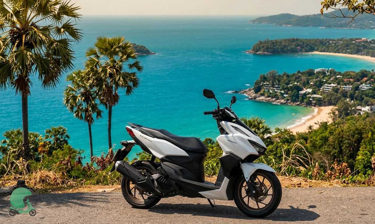 Honda Click 160 scooter at a Patong-area beach road viewpoint overlooking the Andaman Sea - bike rental Phuket