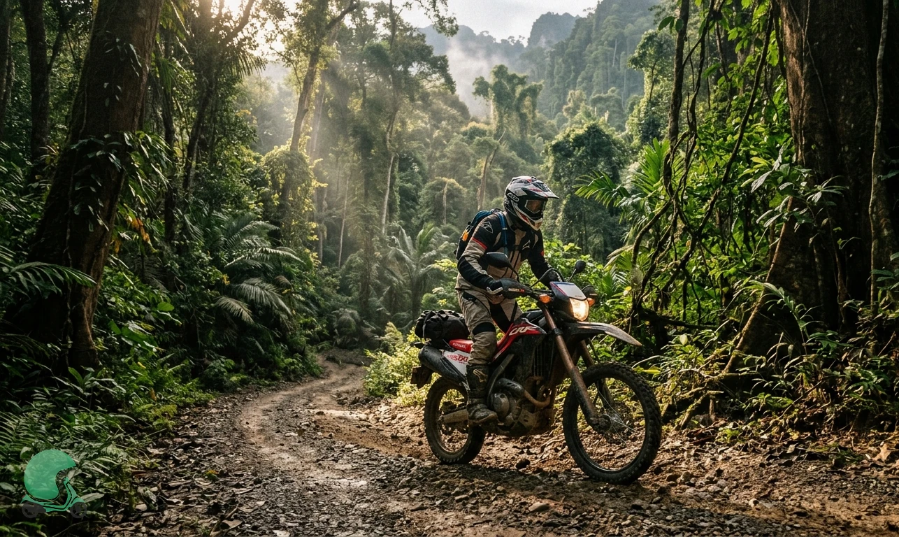 Honda CRF 300L motorcycle rental climbing toward Khao Phra Thaeo inland from Phuket's beaches