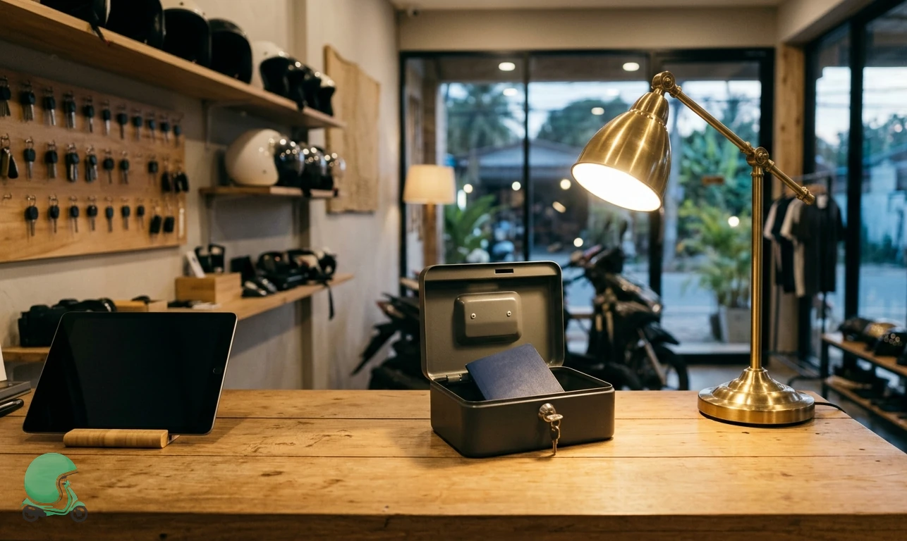 Quiet Thai rental shop counter with a closed passport in a lockbox drawer - Thai Bike privacy policy