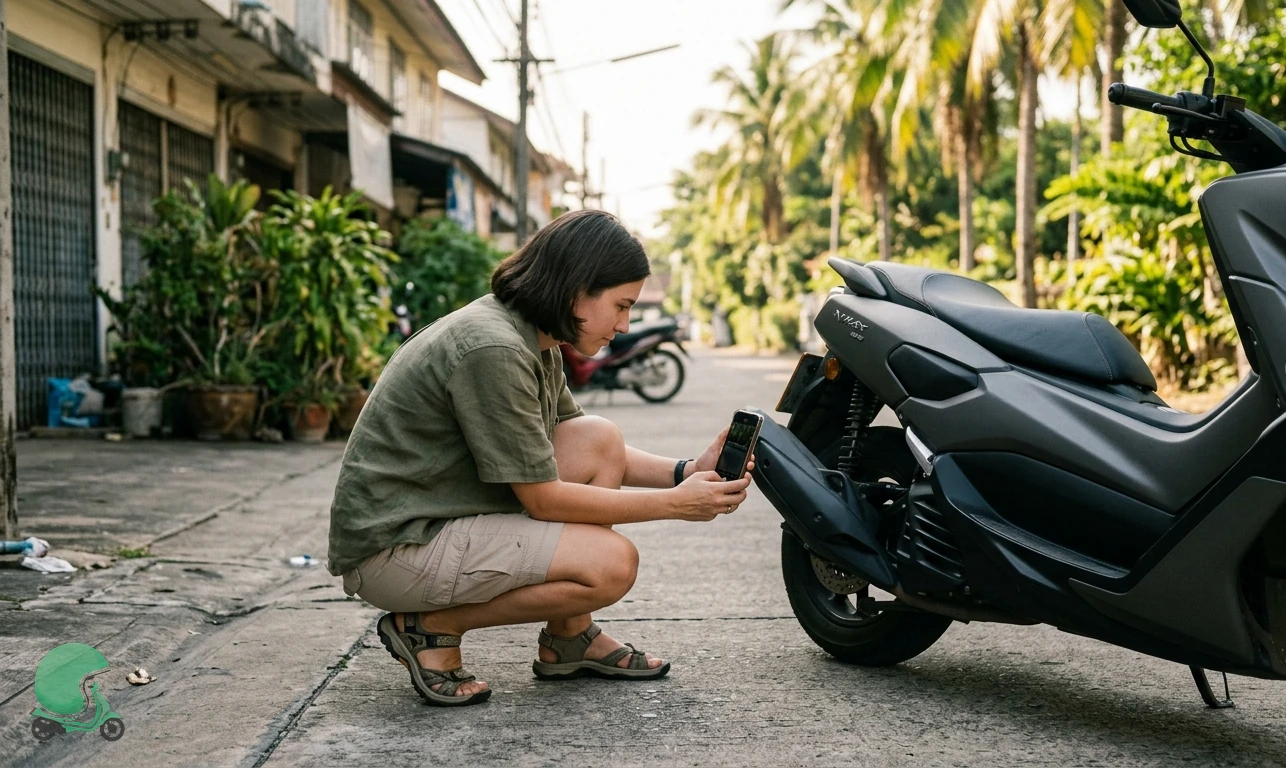 Tourist crouched beside a parked Honda scooter photographing the front fairing with a smartphone to document pre-existing scratches - Thailand scooter rental damage documentation