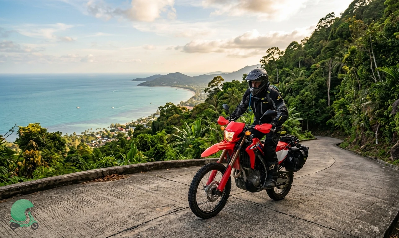 Honda CRF 300L motorcycle rental climbing toward a Koh Samui viewpoint above Lamai