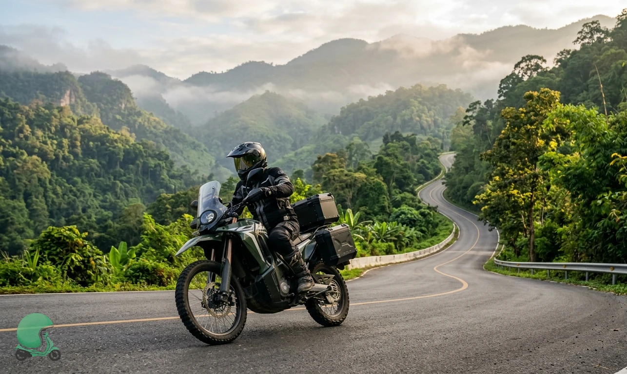 Rider on a Honda CRF 300L motorcycle climbing a misty northern Thai mountain road - Thailand motorcycle rental