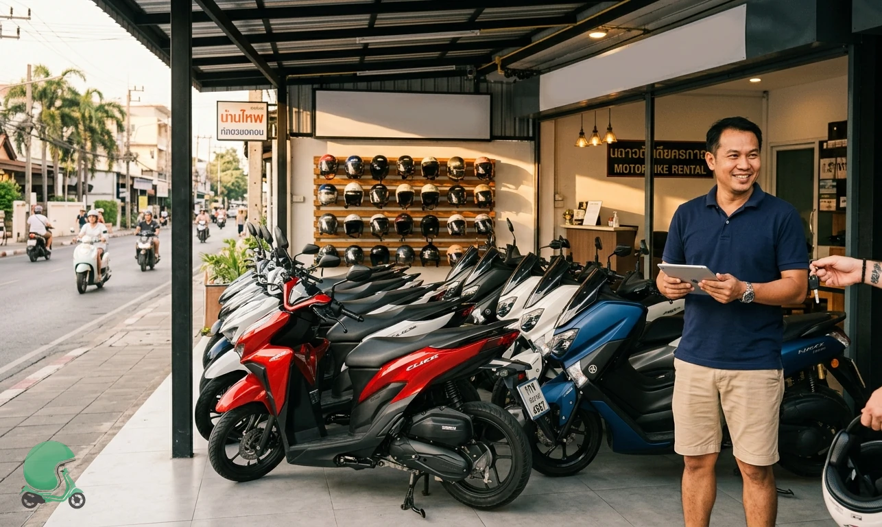 Thai motorbike rental shop owner handing over a current-year scooter to a customer at a verified Thailand rental partner shop